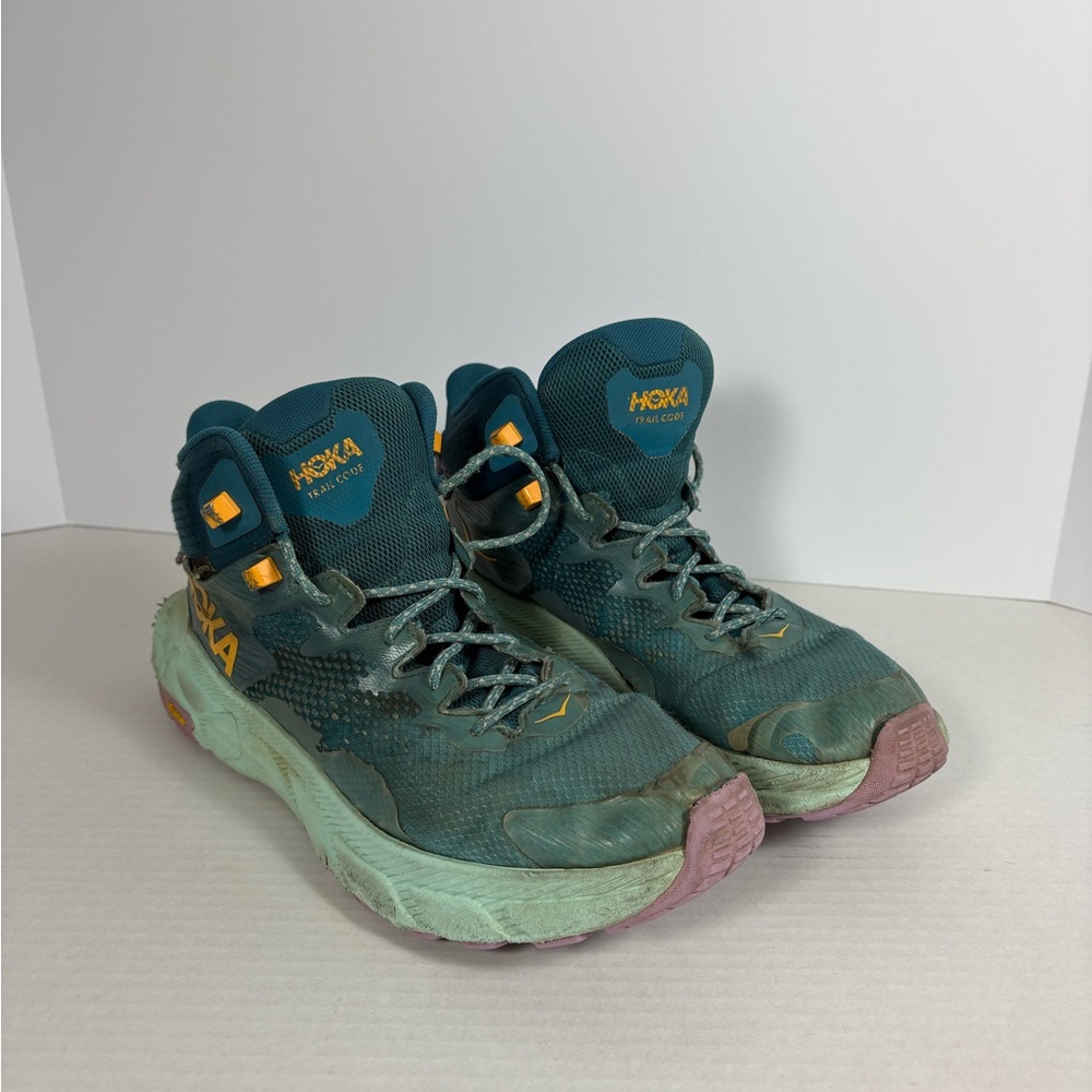 Hoka Teal and Yellow Trail Shoes